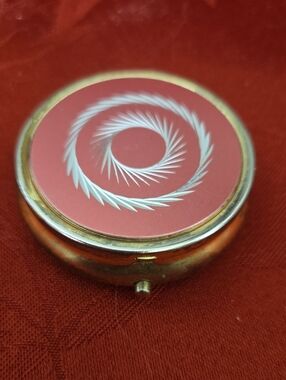 Vontage Round Red Enamel Pill Box  with Silver Spiral Design